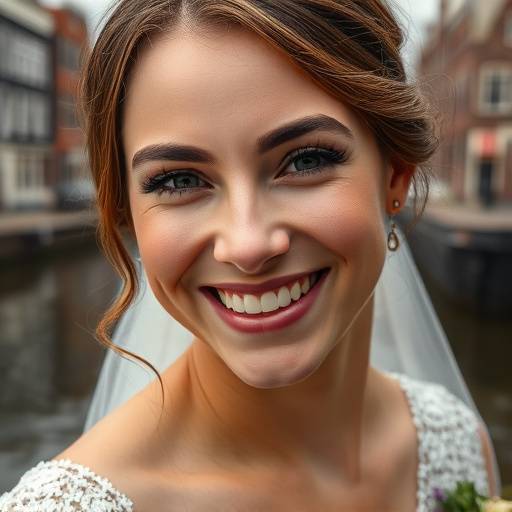 Close-up portret van een bruid met een stralende lach, met de Amsterdamse grachten op de achtergrond.