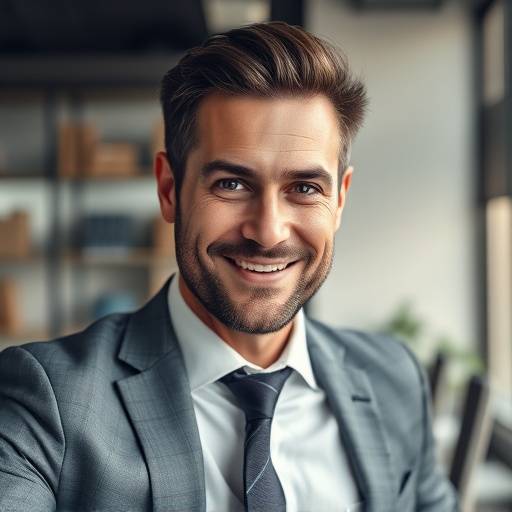 Dynamisch zakelijk portret van een man in een kantooromgeving, met zacht licht.