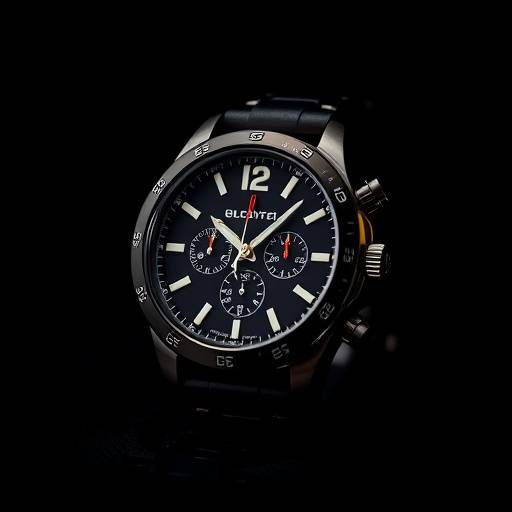 Een gestileerde productfoto van een designer horloge op een donkere achtergrond.