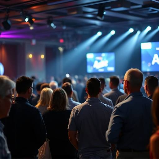 Een groep mensen tijdens een evenement die interactie hebben met een spreker.
