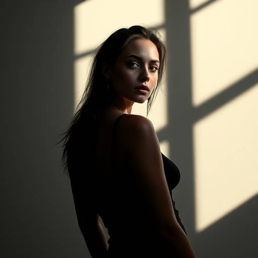 Een model in een studio, belicht met dramatische schaduwen en licht.
