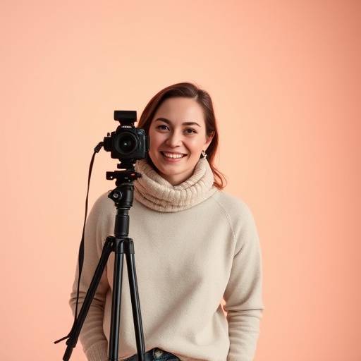 Een warm portret van de fotograaf met een glimlach, staand in een studio.