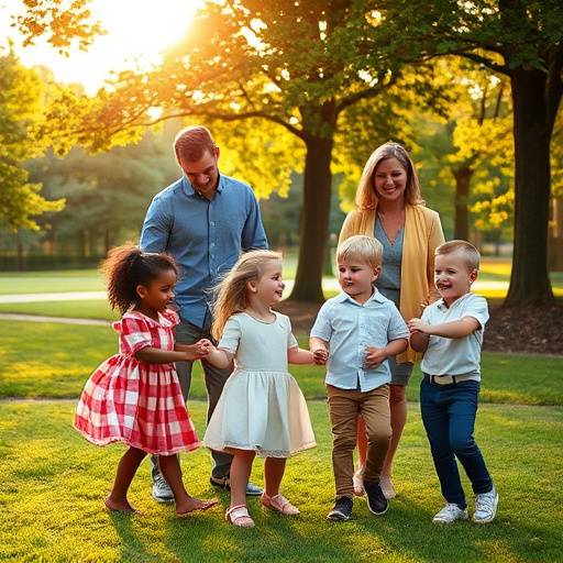 Familiefoto in een park, met spelende kinderen en lachende ouders.