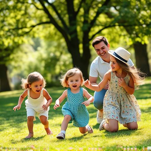 Familiefoto met drie kinderen die spelen in een zonnig park