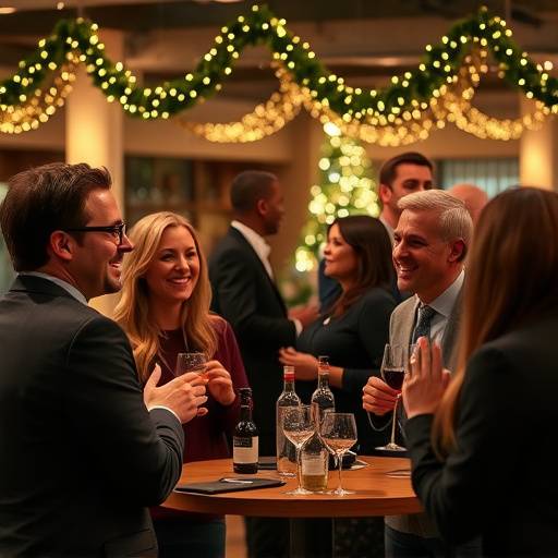 Gezellige sfeerfoto van een zakelijk evenement met lachende gasten en decoratie.