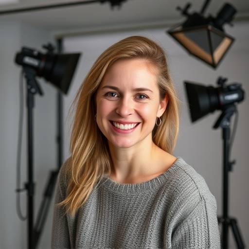 Portret van de hoofd-fotograaf, Elara van Dijk, lachend in haar studio
