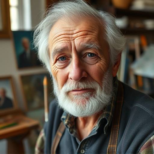 Portret van een oudere kunstenaar met een wijs gezicht in zijn atelier