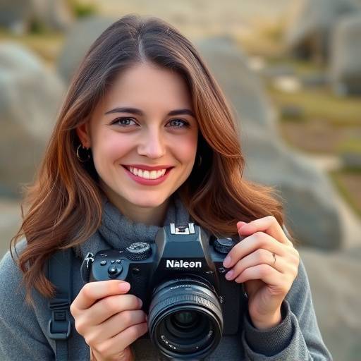 Portretfoto van de fotografe, Eva Vermeer, lachend met een camera in haar handen.
