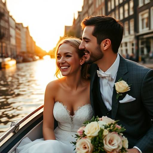 Vrolijk koppel lachend tijdens hun bruiloft in de Amsterdamse grachten